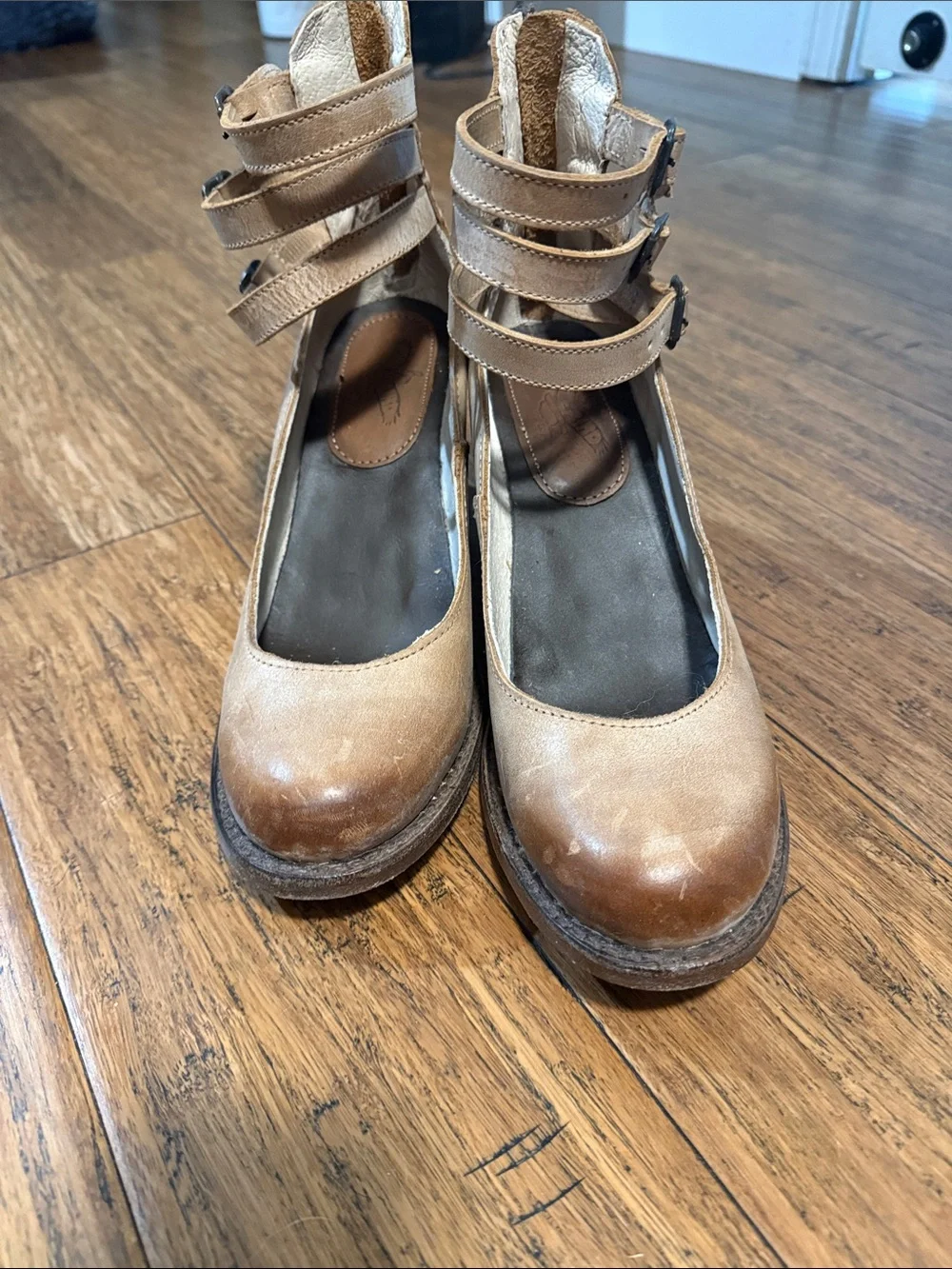 freebird Tan Leather Ankle-Strap Wedge